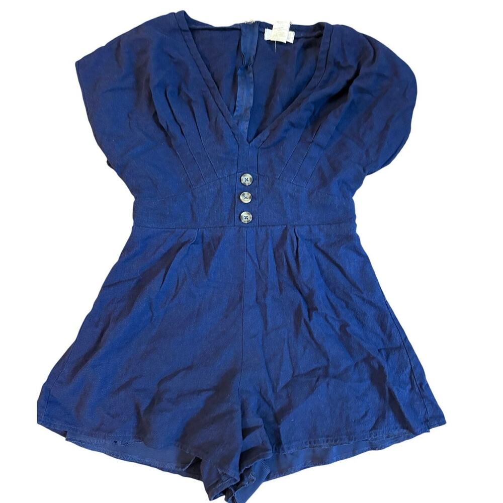 Altar'd State Women's Romper Navy Blue Linen Blend Short Sleeve Size Small EUC